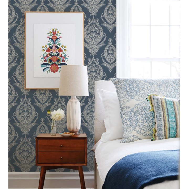 Papel pintado ornamental estilo inglés color azul oscuro - Aruna 682488