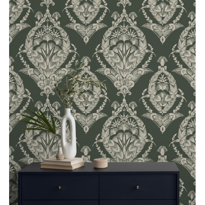 Papel pintado ornamental estilo inglés color verde oscuro - Aruna 682492