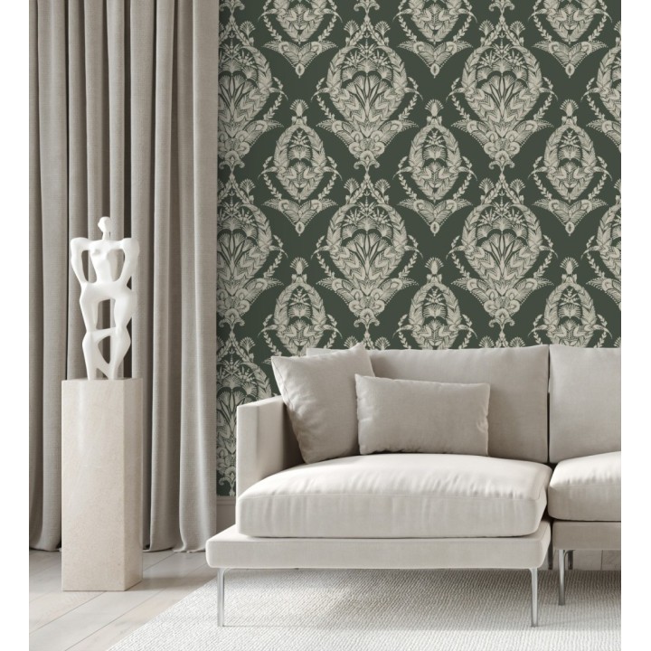 Papel pintado ornamental estilo inglés color verde oscuro - Aruna 682492