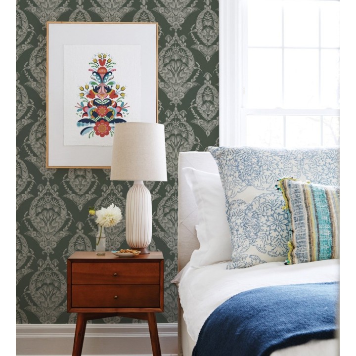 Papel pintado ornamental estilo inglés color verde oscuro - Aruna 682492