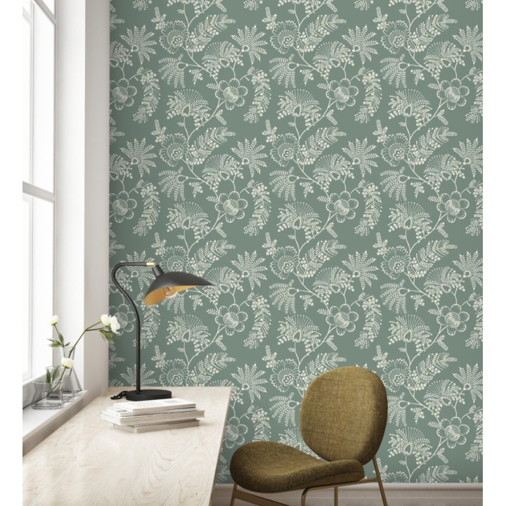 Papel pintado de flores estilo étnico fondo verde oscuro - Mirelle 682495