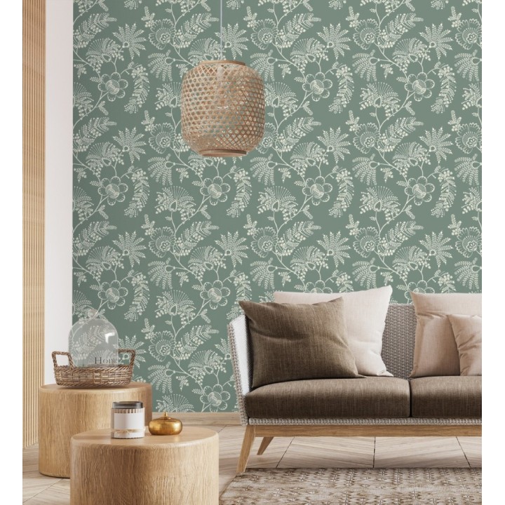 Papel pintado de flores estilo étnico fondo verde oscuro - Mirelle 682495