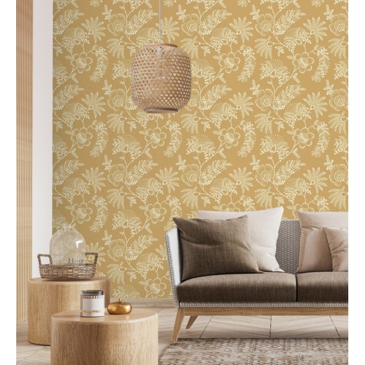 Papel pintado de flores estilo étnico fondo ocre - Mirelle 682497