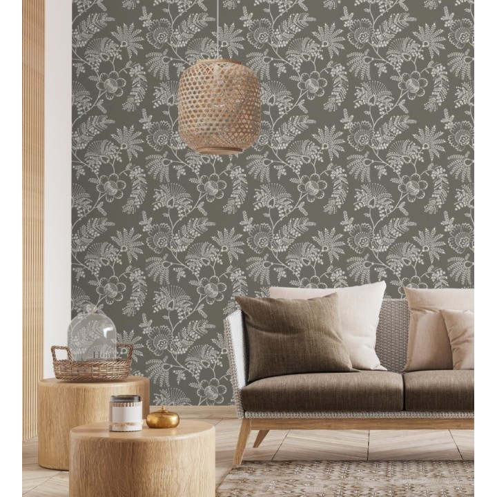 Papel pintado de flores estilo étnico fondo visón oscuro - Mirelle 682498