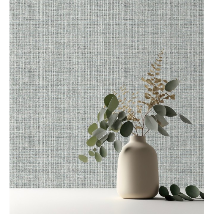 Papel pintado tejido de lino tonos visón y verde agua con textura - London Textile 682506