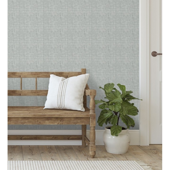 Papel pintado tejido de lino tonos visón y verde agua con textura - London Textile 682506