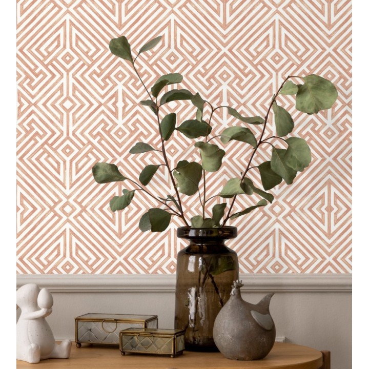 Papel pintado geométrico de líneas terracota claro con diseño art déco  - Akarus 682519