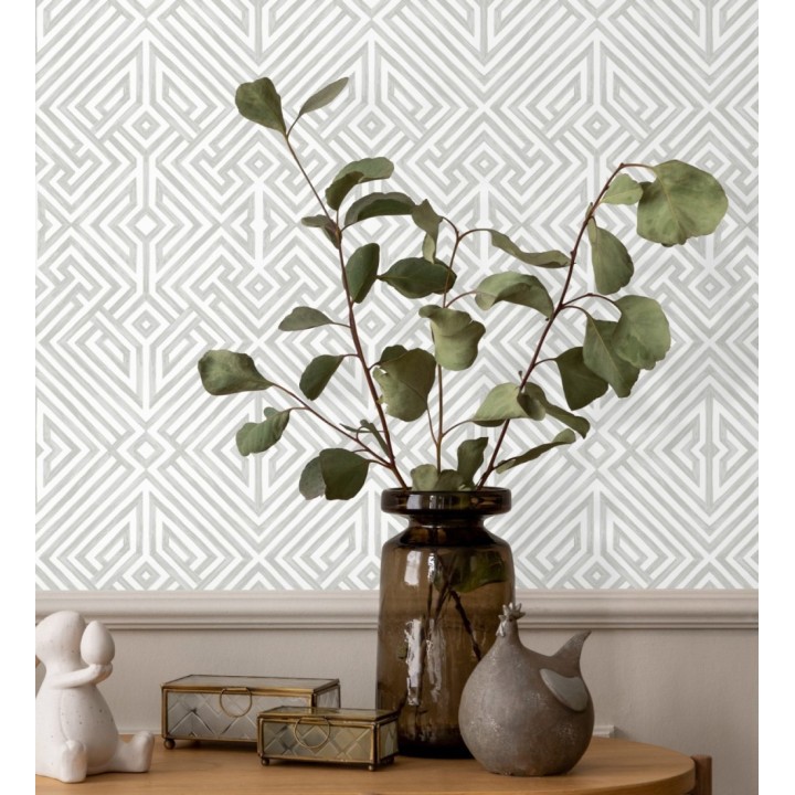 Papel pintado geométrico de líneas gris claro metalizado con diseño art déco  - Akarus 682520