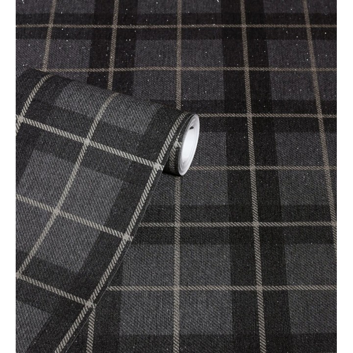Papel pintado de cuadros escoceses efecto tela tartán color negro - Norris 682530