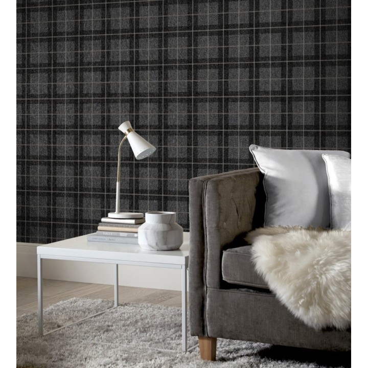 Papel pintado de cuadros escoceses efecto tela tartán color negro - Norris 682530