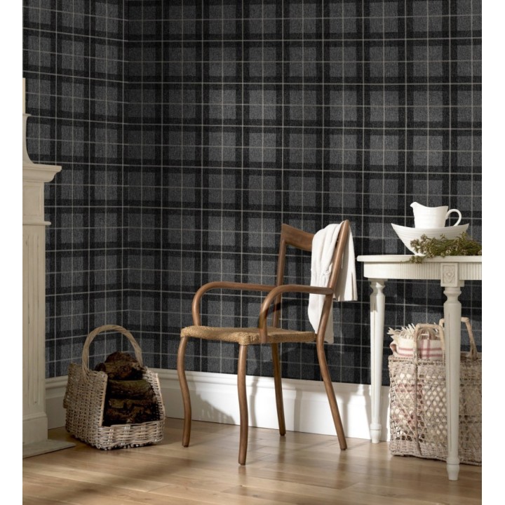 Papel pintado de cuadros escoceses efecto tela tartán color negro - Norris 682530