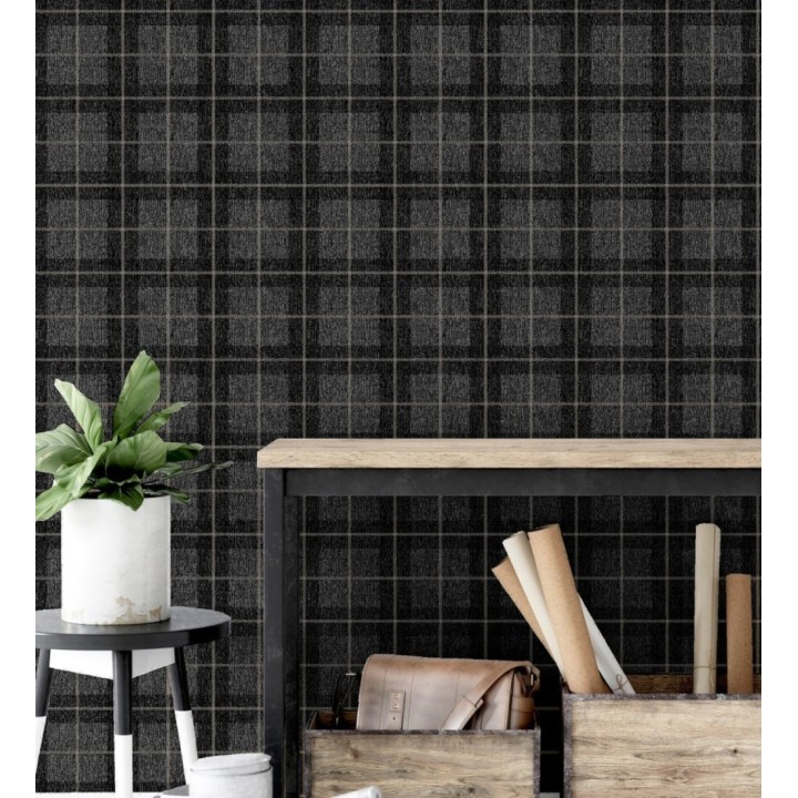 Papel pintado de cuadros escoceses efecto tela tartán color negro - Norris 682530