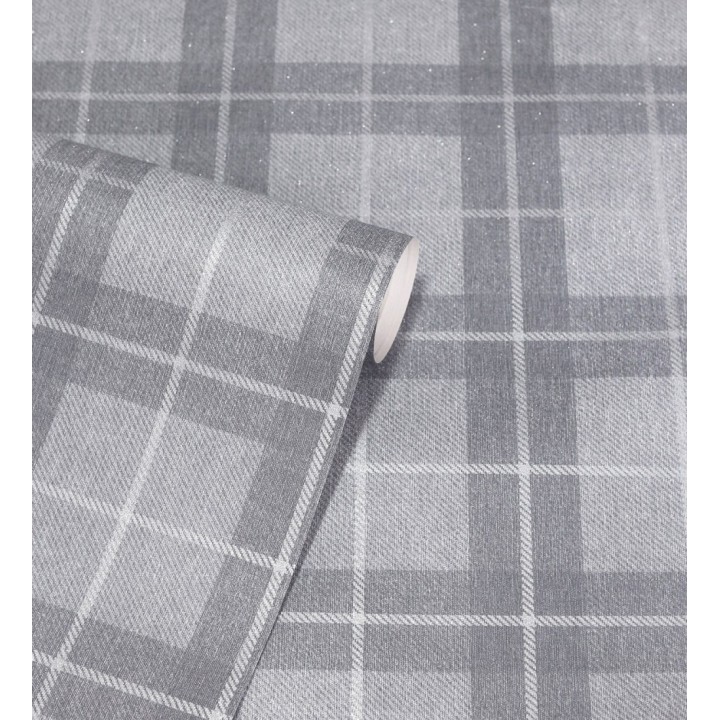 Papel pintado de cuadros escoceses efecto tela tartán color gris - Norris 682531