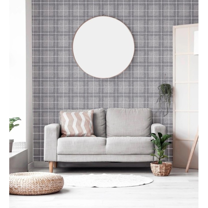 Papel pintado de cuadros escoceses efecto tela tartán color gris - Norris 682531