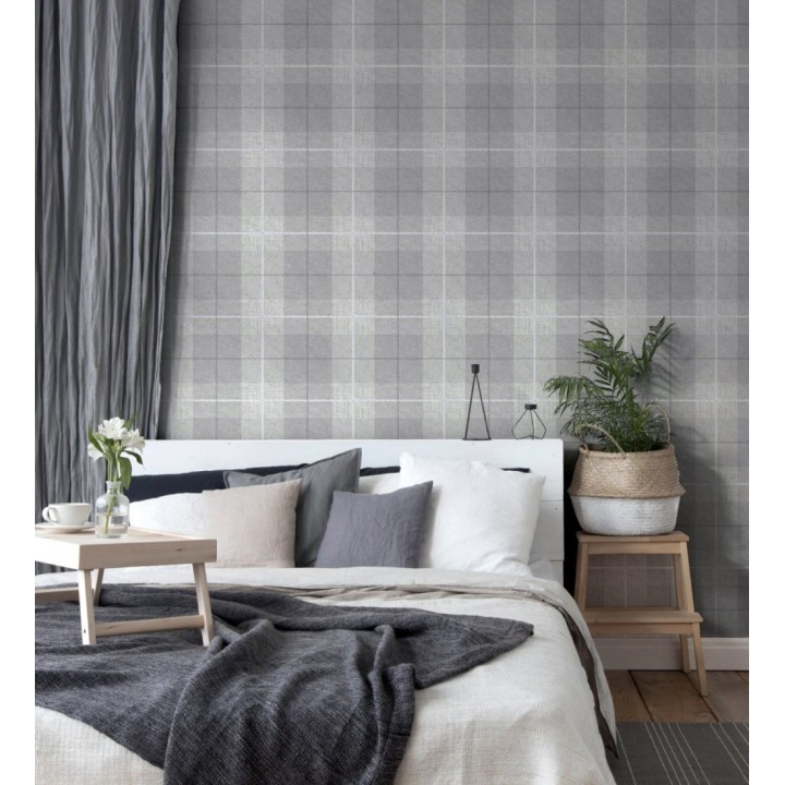 Papel pintado de cuadros escoceses efecto tela tartán color gris - Smith Tartan 682534