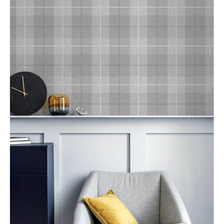 Papel pintado de cuadros escoceses efecto tela tartán color gris - Smith Tartan 682534