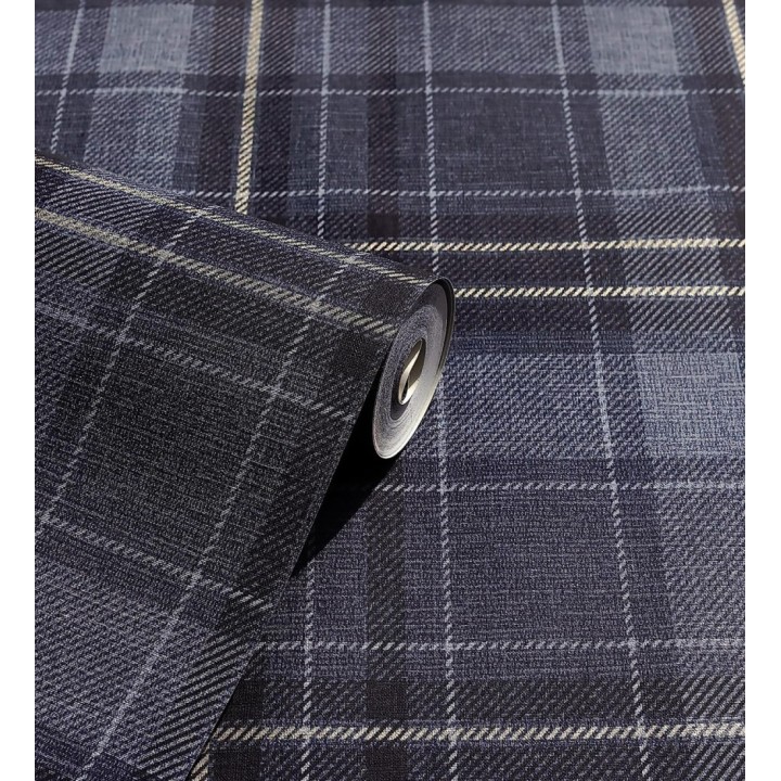 Papel pintado de cuadros escoceses efecto tela tartán color azul oscuro - Carson 682537