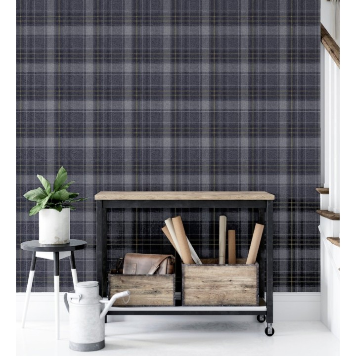 Papel pintado de cuadros escoceses efecto tela tartán color azul oscuro - Carson 682537