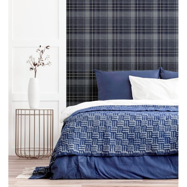 Papel pintado de cuadros escoceses efecto tela tartán color azul oscuro - Carson 682537