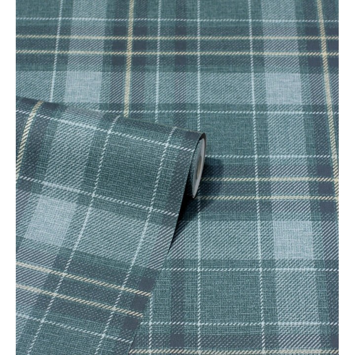 Papel pintado de cuadros escoceses efecto tela tartán color turquesa - Carson 682538