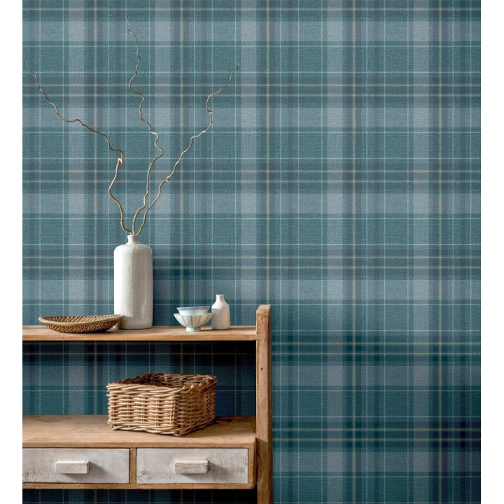 Papel pintado de cuadros escoceses efecto tela tartán color turquesa - Carson 682538