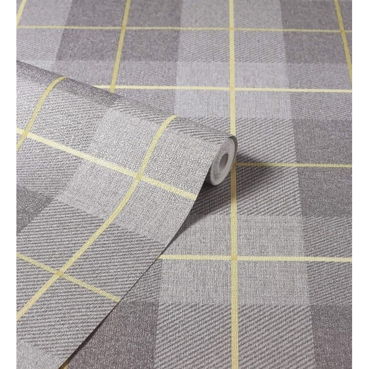 Papel pintado de cuadros escoceses efecto tela tartán color gris y amarillo - Smith Tartan 682539