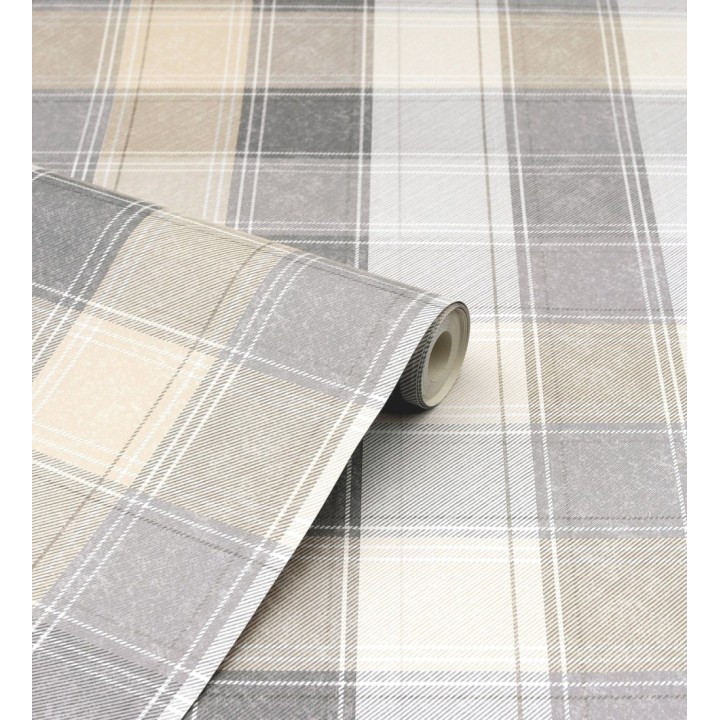 Papel pintado de cuadros escoceses efecto tela tartán tonos beige - Roslin Tartan 682540