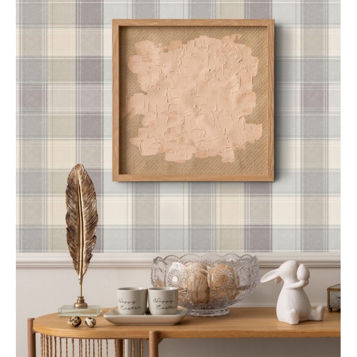 Papel pintado de cuadros escoceses efecto tela tartán tonos beige - Roslin Tartan 682540