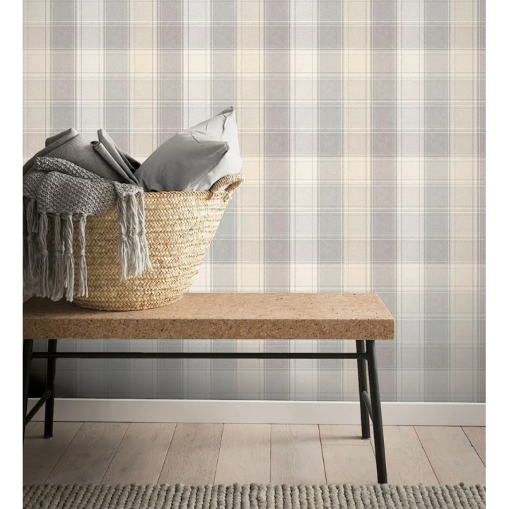 Papel pintado de cuadros escoceses efecto tela tartán tonos beige - Roslin Tartan 682540