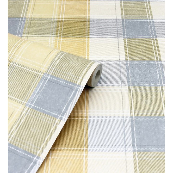Papel pintado de cuadros escoceses efecto tela tartán tonos amarillos - Roslin Tartan 682541