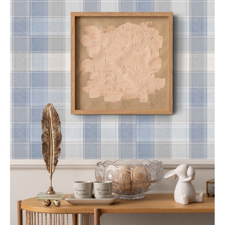 Papel pintado de cuadros escoceses efecto tela tartán tonos azules - Roslin Tartan 682542