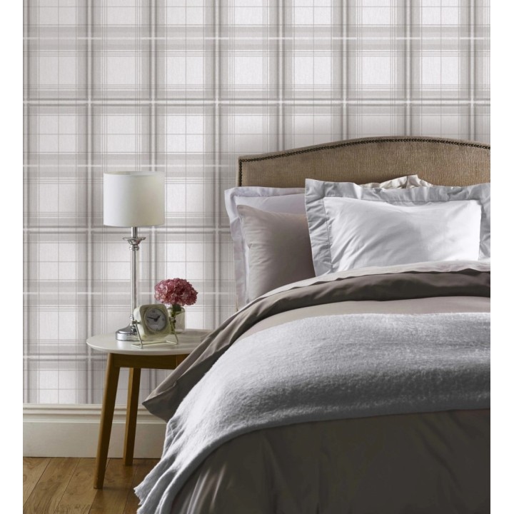 Papel pintado de cuadros escoceses efecto tela tartán tonos grises - James Cross 682543