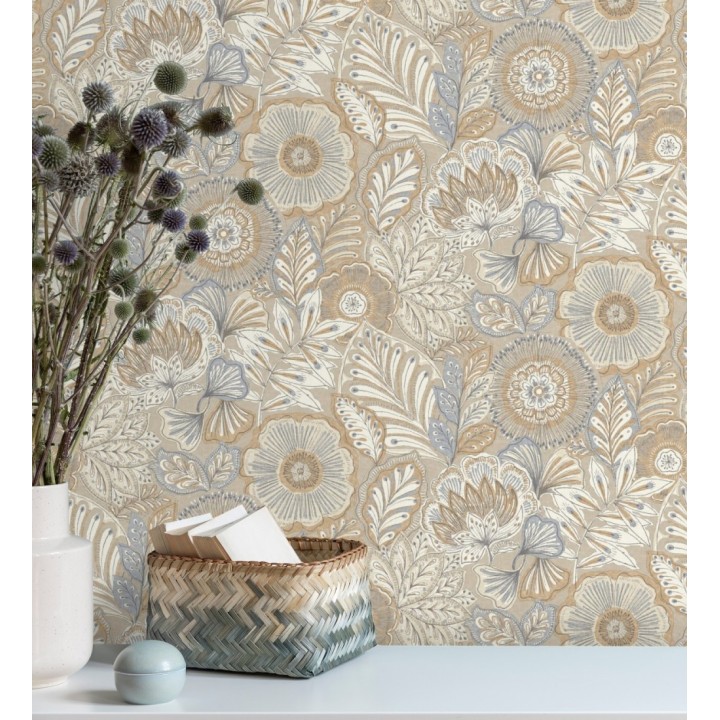 Papel pintado de flores y hojas estilo étnico floral - Camila Poppy 682547