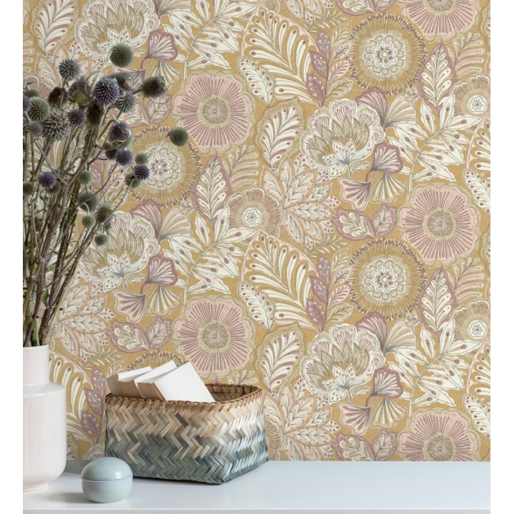 Papel pintado de flores y hojas estilo étnico floral - Camila Poppy 682548