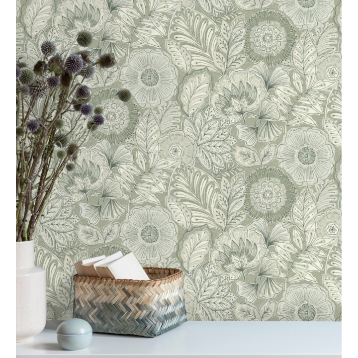 Papel pintado de flores y hojas estilo étnico floral - Camila Poppy 682551