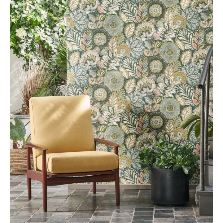 Papel pintado de flores y hojas estilo étnico floral - Camila Poppy 682552