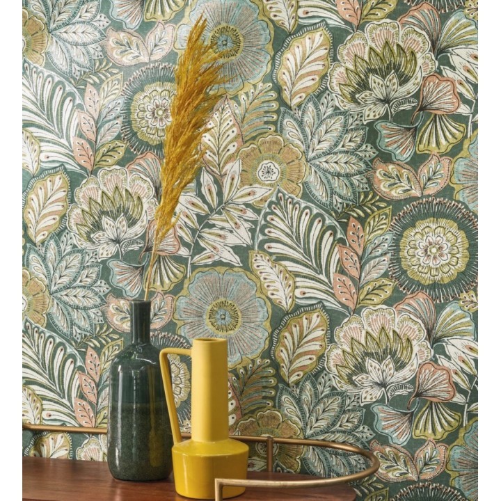 Papel pintado de flores y hojas estilo étnico floral - Camila Poppy 682552