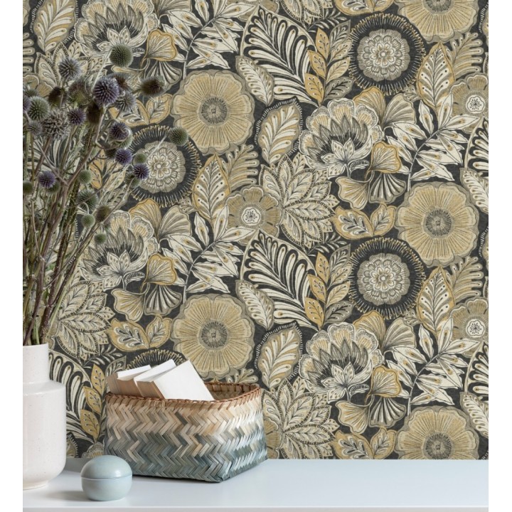 Papel pintado de flores y hojas estilo étnico floral - Camila Poppy 682553