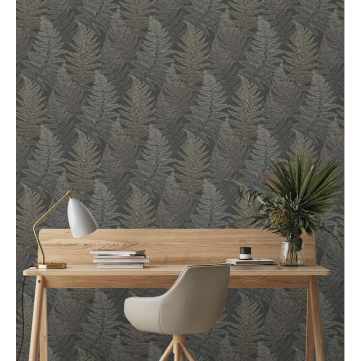 Papel pintado hojas de helecho fondo gris pizarra - Jasper Foliage 682564