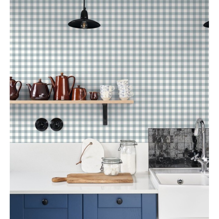 Papel pintado cuadros de vichy azul grisáceo - Juliet Vichy 682573