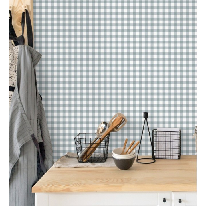 Papel pintado cuadros de vichy azul grisáceo - Juliet Vichy 682573