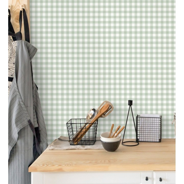 Papel pintado cuadros de vichy color verde claro - Juliet Vichy 682574