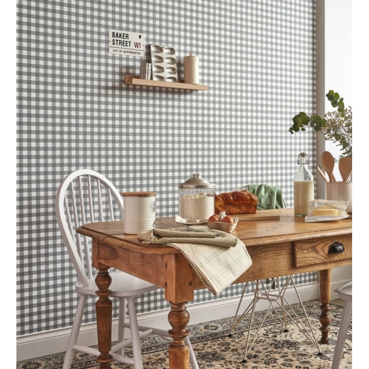 Papel pintado cuadros de vichy color gris oscuro - Juliet Vichy 682576