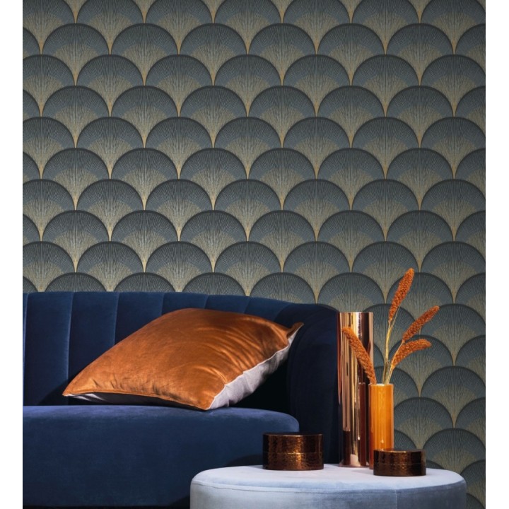 Papel pintado geométrico Art déco color negro y dorado - Aiden Nouveau 682579