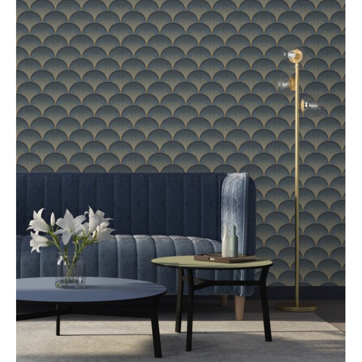 Papel pintado geométrico Art déco color negro y dorado - Aiden Nouveau 682579