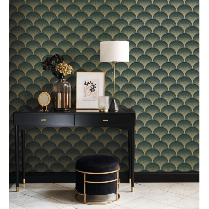 Papel pintado geométrico Art déco color verde y dorado - Aiden Nouveau 682582