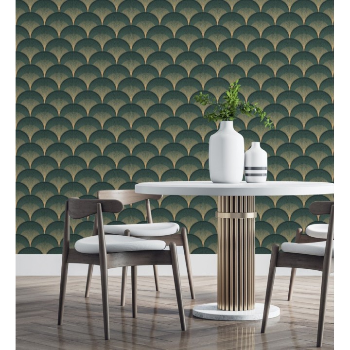 Papel pintado geométrico Art déco color verde y dorado - Aiden Nouveau 682582