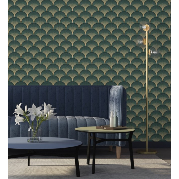Papel pintado geométrico Art déco color verde y dorado - Aiden Nouveau 682582