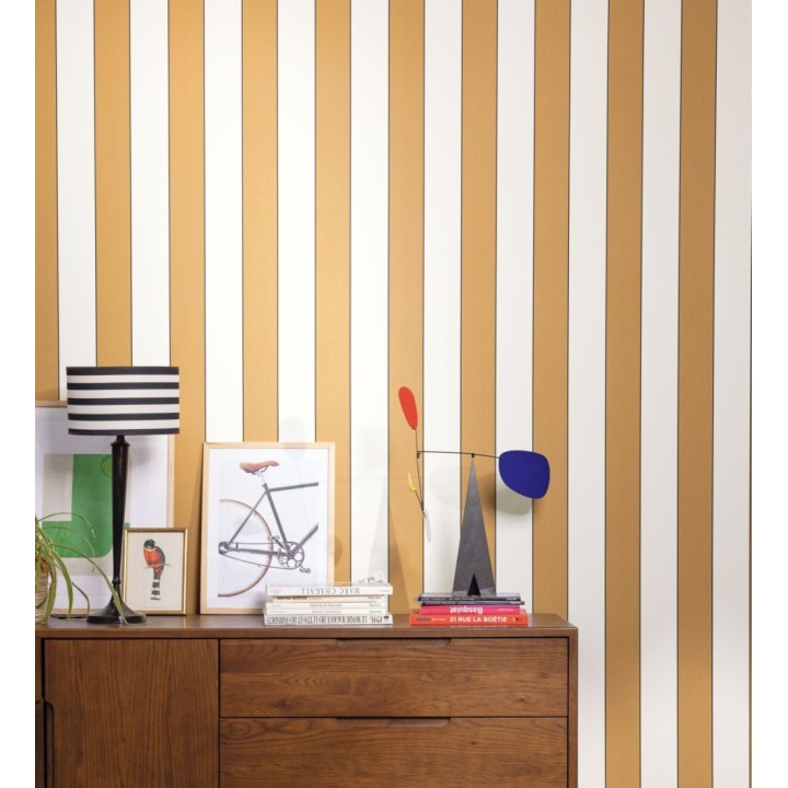 Papel pintado de rayas tonos ocres con líneas finas negras - Diana Stripes 682583