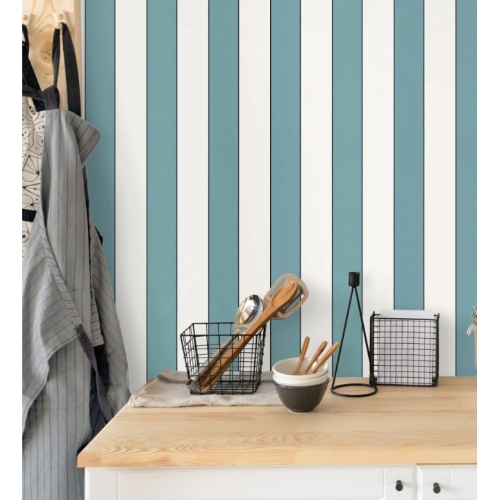 Papel pintado de rayas tonos azules con líneas finas negro - Diana Stripes 682585